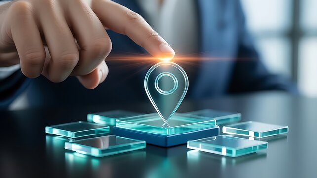 Touching digital location pin on holographic interface for advanced navigation and geographic business strategy implementation