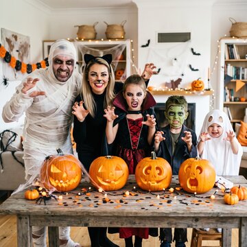 Group of children and adults in scary Halloween costumes posing at festive party table with carved pumpkins and decorations.