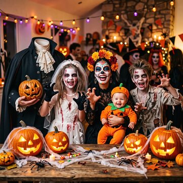 Group of children and adults in scary Halloween costumes posing at festive party table with carved pumpkins and decorations.