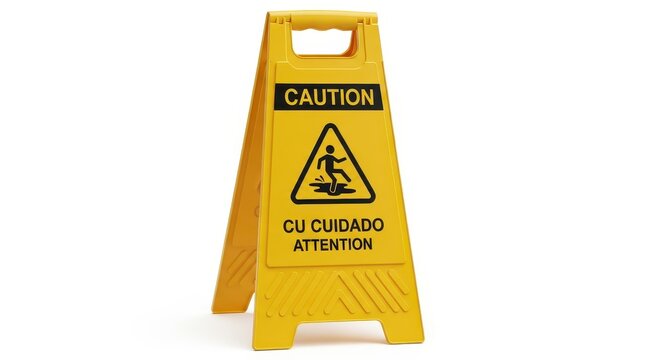Yellow Caution Wet Floor Sign Isolated on White Background with Multilingual Warning Text