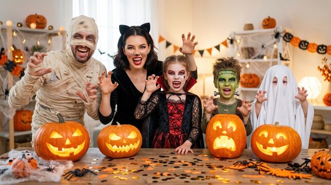 Group of children and adults in scary Halloween costumes posing at festive party table with carved pumpkins and decorations.