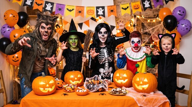 Group of children and adults in scary Halloween costumes posing at festive party table with carved pumpkins and decorations.