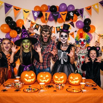 Group of children and adults in scary Halloween costumes posing at festive party table with carved pumpkins and decorations.