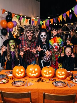 Group of children and adults in scary Halloween costumes posing at festive party table with carved pumpkins and decorations.