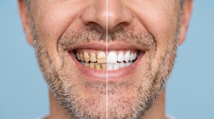 Fototapeta premium Split portrait of smiling man showing before and after teeth whitening results, highlighting dental care and cosmetic improvement.