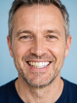 Split portrait of smiling man showing before and after teeth whitening results, highlighting dental care and cosmetic improvement.