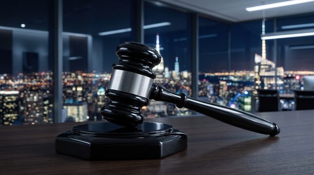 Black judge's gavel on reflective desk with blurred nighttime city skyline through window, representing corporate law and justice.