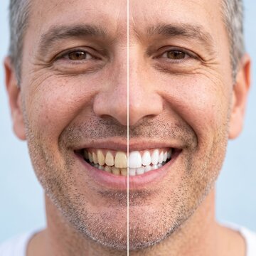 Split portrait of smiling man showing before and after teeth whitening results, highlighting dental care and cosmetic improvement.