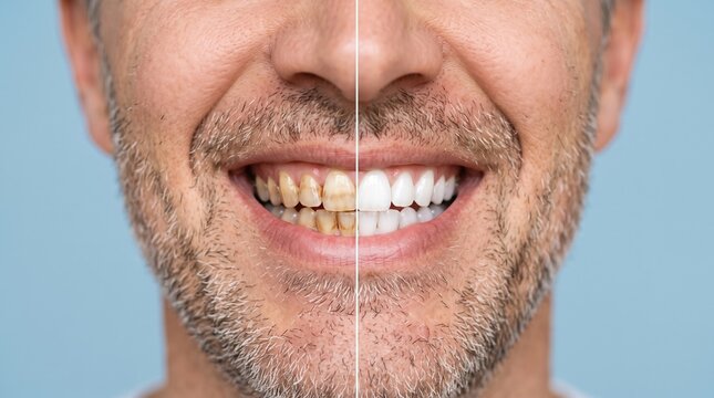 Split portrait of smiling man showing before and after teeth whitening results, highlighting dental care and cosmetic improvement.