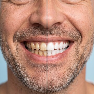 Split portrait of smiling man showing before and after teeth whitening results, highlighting dental care and cosmetic improvement.