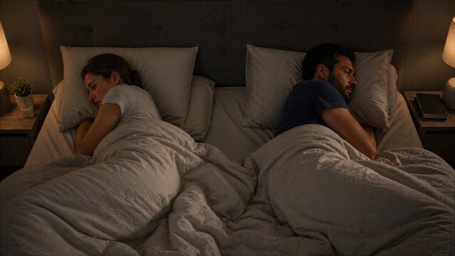 Couple lies back to back in bed with visible emotional distance, illustrating relationship tension, silence and unresolved conflict at home.