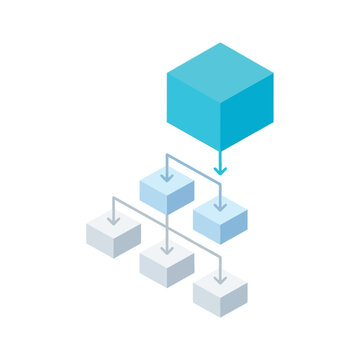 Blue organizational chart hierarchy diagram for business structure and data flow visualization in minimalist isometric style