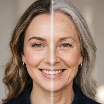 Split portrait comparing young and aged versions of the same woman's face, illustrating aging process and skincare transformation concept.