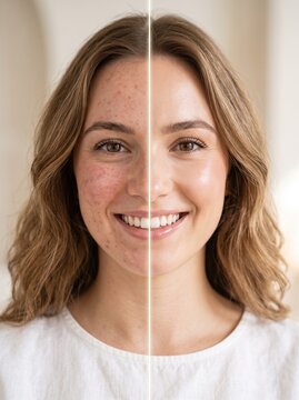Split portrait of young woman showing before and after skin treatment, comparing acne blemishes with clear smooth complexion.