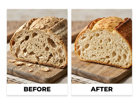 bread freshness comparison before and after | stale versus fresh sourdough loaf | food preservation techniques for baked goods | restoring stale bread to fresh texture
