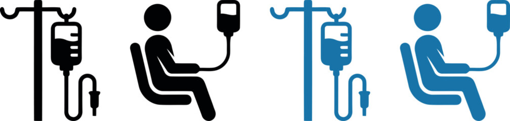 A set of four minimalist vector icons featuring medical infusion setups, including empty IV stands and patients receiving intravenous therapy in black and blue colors. © RAC.Design-Magic