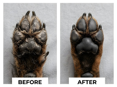 Dry cracked dog paw pad treatment | Healing dog hyperkeratosis before and after | Pet paw balm results comparison | Healthy versus damaged canine paws