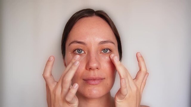 Woman applying under-eye cream with fingertips during a daily skincare routine on a neutral background