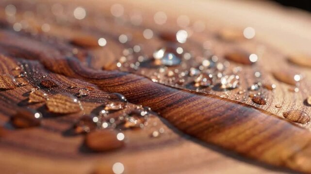Close-up of Water Droplets on Wooden Surface with Falling Rain.