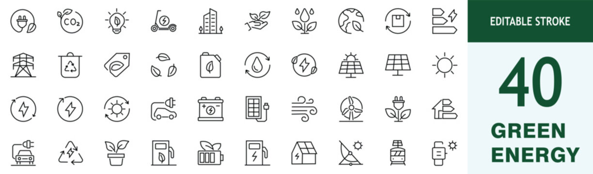 Green Energy and Renewable Power Editable Stroke Icon and Vector Illustration Set for Sustainable Electricity, Clean Technology and Environmental Conservation