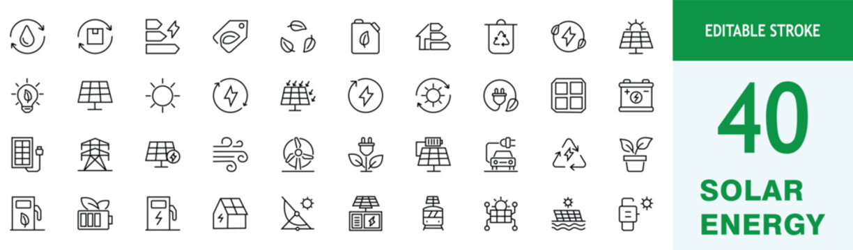 Solar Energy and Renewable Power Editable Stroke Icon and Vector Illustration Set for Photovoltaic Technology, Clean Electricity and Sustainable Environment
