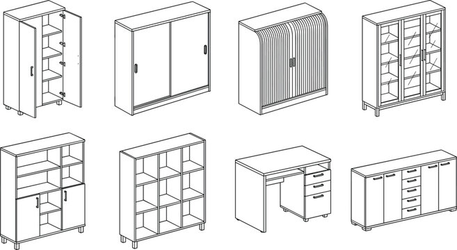 Collection of various wooden home and office storage furniture cabinets line drawing