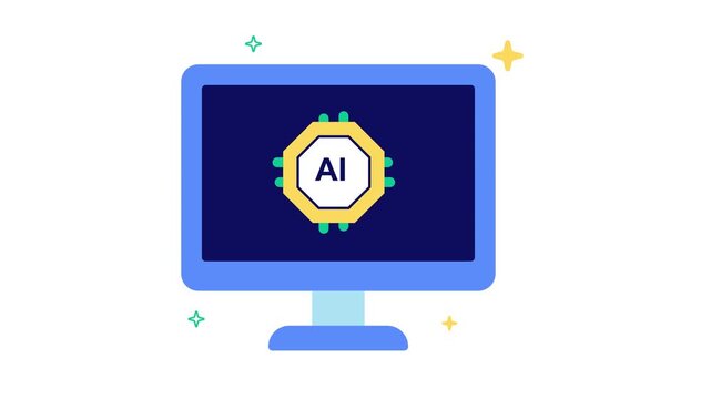 A computer monitor displaying an artificial intelligence symbol on the screen with a blue and yellow design on a white background doodle animated 4k stock video