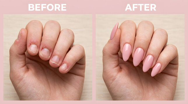 nail biting recovery transformation | professional gel manicure before and after | damaged nails to healthy pink manicure | almond shape nail extensions result