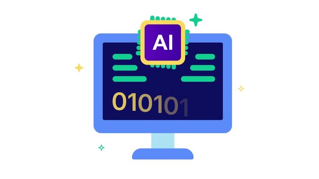 A colorful illustration of a computer monitor displaying ai and binary code on the screen isolated on white background doodle animated 4k stock video