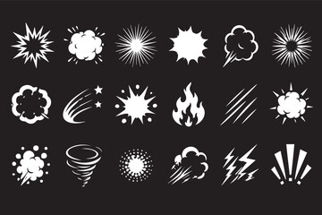 Collection of diverse white vector comic book explosion effects and action graphics isolated on a solid dark black background surface © Monivara Creations