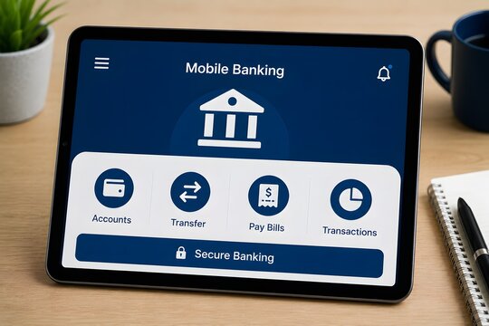 A tablet displaying a mobile banking app for the concept of digital finance and convenient transactions.