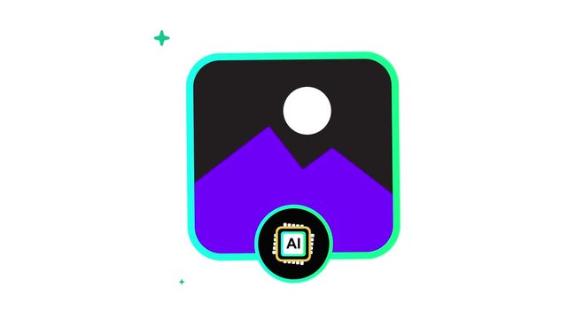 A colorful graphic illustration of a purple mountain range with a white moon and ai chip on a black background with green and yellow accents doodle animated 4k stock video