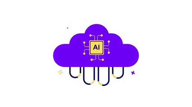 Purple cloud with ai microchip and circuit board on white background with stars doodle animated 4k stock video