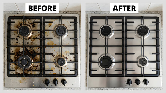 professional gas stove cleaning before and after | how to clean burnt grease off stainless steel cooktop | deep cleaning kitchen appliances transformation | sparkling clean stovetop
