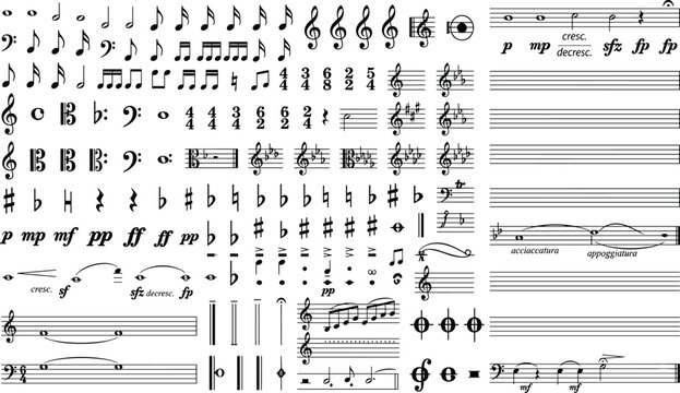 Music, notes, vector, collection, with, clefs, staffs, dynamics, rests, accents, time, signatures, black, musical, symbols, elements, set, for, sheet, design