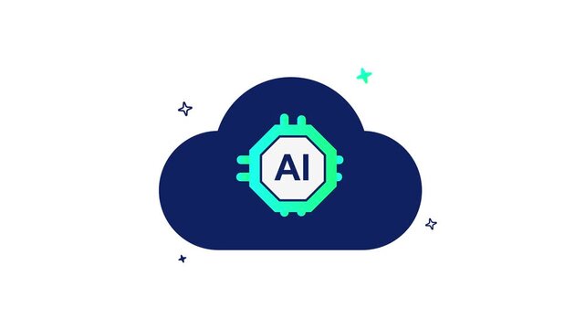 A blue cloud with a gear and ai text in the center on a white background doodle animated 4k stock video
