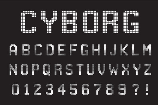 Digital pixel font set featuring white square blocks on a black background for modern technology and retro computer graphic design