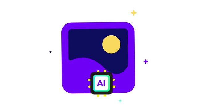 A purple and yellow icon representing artificial intelligence on a white background with stars doodle animated 4k stock video