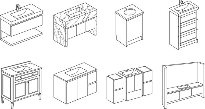 Set of various modern bathroom vanity units and cabinets in line art