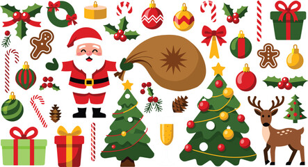 Fototapeta premium Christmas holiday elements big set with cute santa claus reindeer trees gifts gingerbread and winter decorations vector illustration