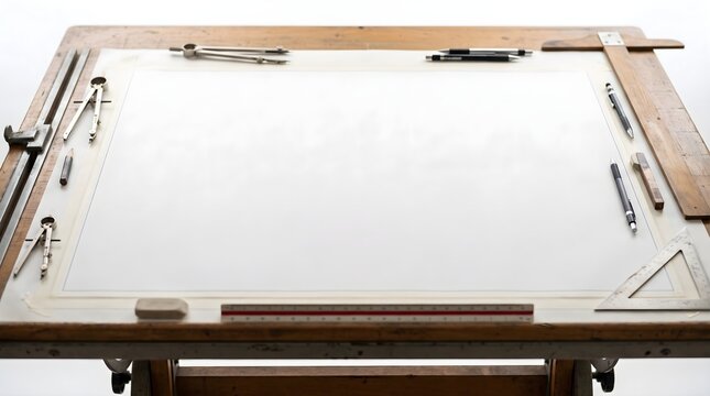 High Angle View of Vintage Architectural Drafting Table with Blank Paper Representing Design, Planning, and Creative Strategy, with Copy Space.
