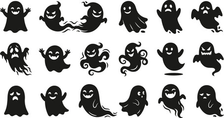 Fototapeta premium Spooky halloween day ghost set black silhouette designs for decorations parties and digital art