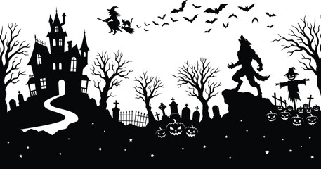 Fototapeta premium Spooky halloween day scene with haunted castle werewolf witch and jack o' lanterns for festive celebrations