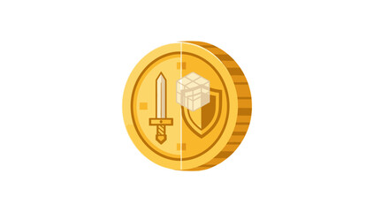 Golden coin with sword and shield. © Penceng