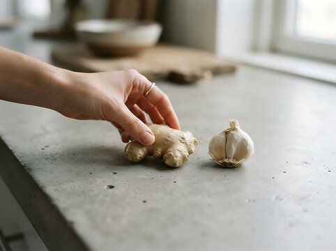Hand reaching for ginger root on gray countertop with garlic kitchen
