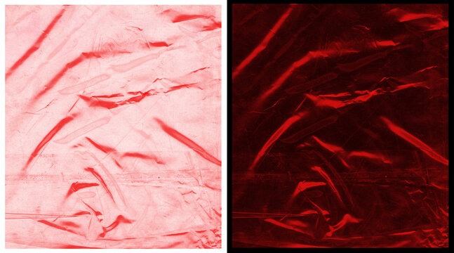 Crumpled red plastic texture background, creased cellophane film overlay, wrinkled metallic foil surface, abstract ruby red material for graphic design