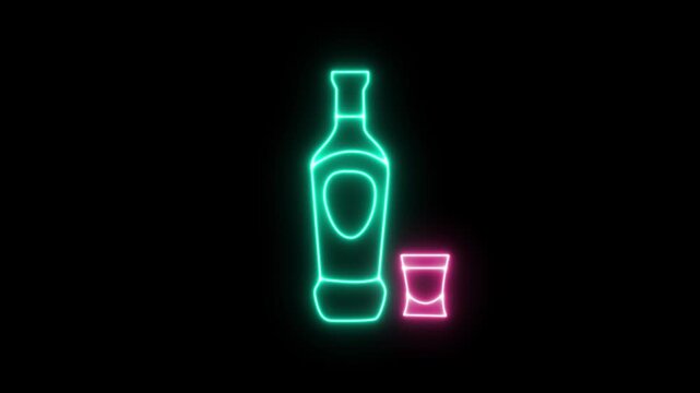Animated and Glowing neon liquor bottle and shot glass icon 4k animation  on black background. The for  bars, cocktails, spirits, nightlife, beverages, hospitality, modern graphic design and HD video