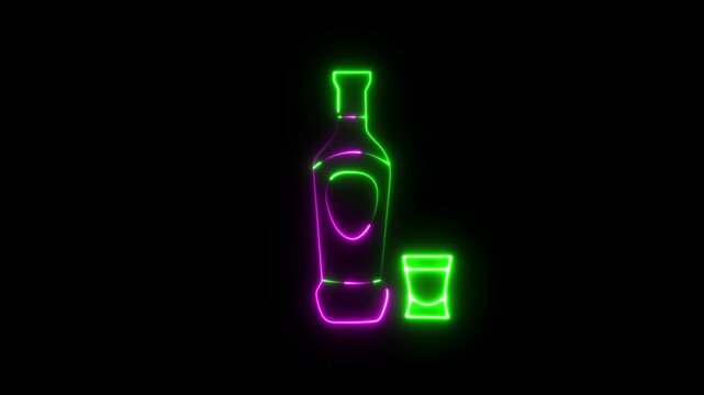 Animated and Glowing neon liquor bottle and shot glass icon 4k animation  on black background. The for  bars, cocktails, spirits, nightlife, beverages, hospitality, modern graphic design and HD video