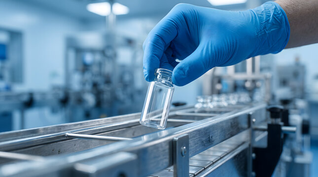 Gloved hand holding empty glass vial over pharmaceutical conveyor belt in cleanroom.