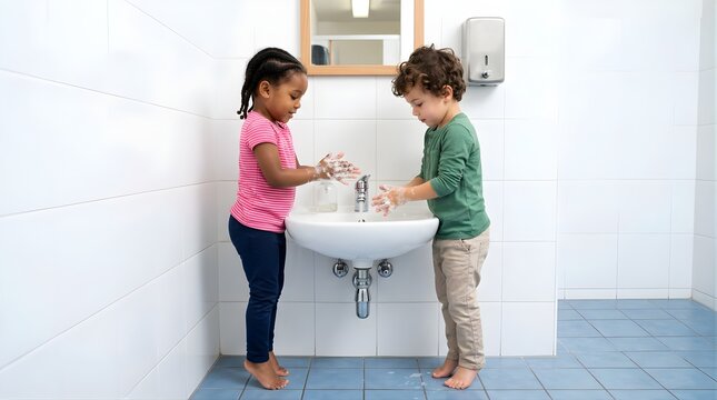 Diverse children washing hands with soap at a sink in a tiled bathroom